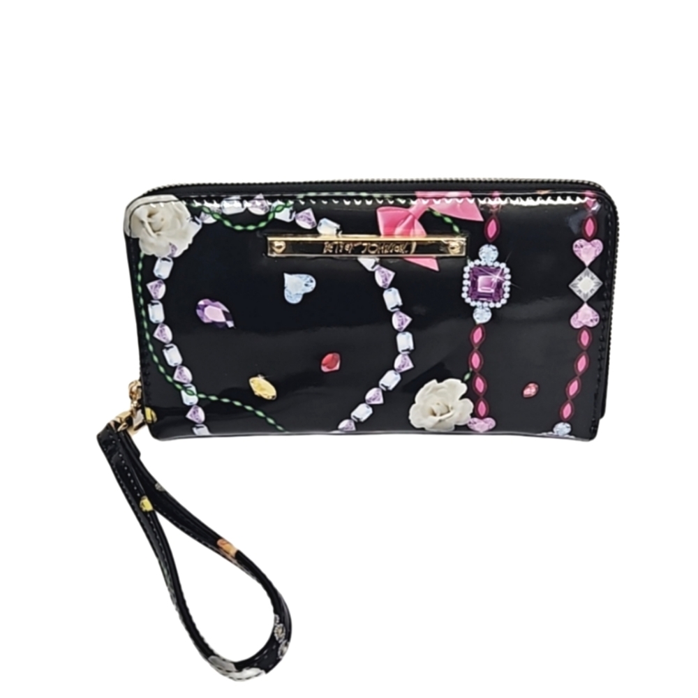 Betsey Johnson multicolor  Jewel print  black faux patent leather wallet…